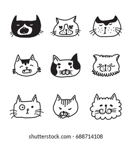 Head cat doodle set monochrome, isolated sketch cat characters, sketch line icons.