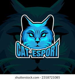head cat e-sport logo design in blue color. animal vector illustration