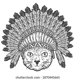 Head of cat with feathers, war bonnets. Engraving vector illustration.