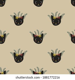 Head of cat and flower abstract ilustration seamless pattern. Great for textile,fabric,wrapping paper,any Print.vector,eps10.