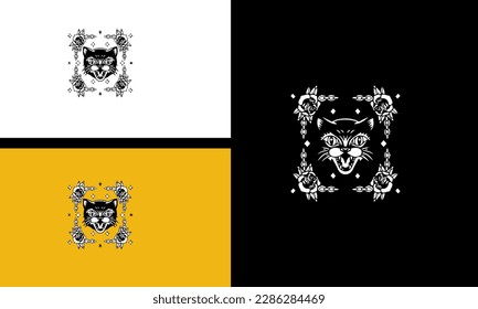 head cat and flowers vector line art design