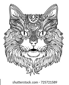The head of a cat. Fluffy kitten. Drawing manually in vintage style. Meditative coloring. Coloring for children. Arrows, points, patterns.