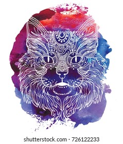 The head of a cat. Fluffy kitten. Drawing manually in vintage style. Meditative coloring. Coloring for children. 