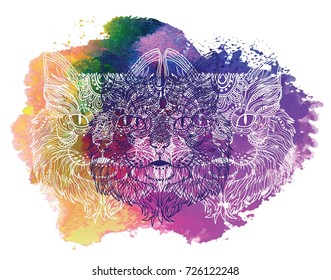 The head of a cat. Fluffy kitten. Drawing manually in vintage style. Meditative coloring. Coloring for children. 