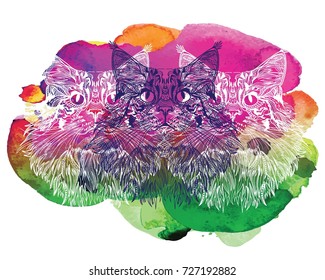 The head of a cat. Fluffy kitten. Drawing manually in vintage style. Meditative coloring. Coloring for children. Arrows, points, patterns.