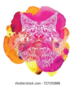 The head of a cat. Fluffy kitten. Drawing manually in vintage style. Meditative coloring. Coloring for children. Arrows, points, patterns.
