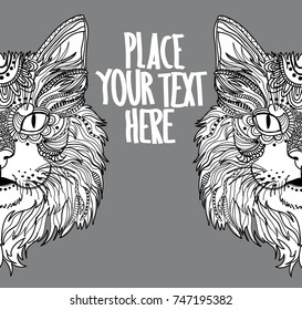 The head of a cat. Fluffy kitten. Drawing manually in vintage style. Meditative coloring. Coloring for children. Arrows, points, patterns. Background for text