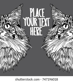 The head of a cat. Fluffy kitten. Drawing manually in vintage style. Meditative coloring. Coloring for children. Arrows, points, patterns. Background for text