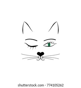 Head cat with a green eye on white background. Fashion graphic design flat element. Modern stylish abstract symbol. Monochrome template for prints, textiles, logo, label, tattoo. Vector illustration