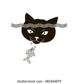 head of a cat looking at fish in water