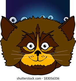 Head cat. Cat looking out of the room at the viewer, against a background of burning eyes.