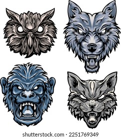 Head of cat, monkey, owl, wolf. Abstract character illustrations. Graphic logo design template for emblem, mascot. Image of portraits.