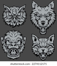 Head of cat, monkey, owl, wolf. Abstract character illustrations. Graphic logo design template for emblem, mascot. Image of portraits.