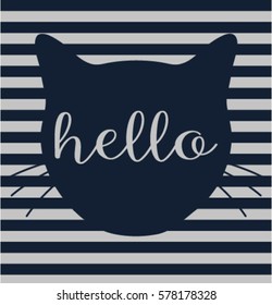 head cat silhouette, lettering meow whiskers vector. 