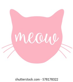 head cat silhouette pink icon, lettering meow whiskers vector.