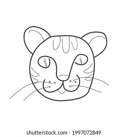 The head of a cat, a tiger in doodle style on a white background. Cute animals for prints and decor