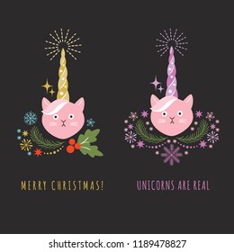 head of cat with unicorn horn, vector illustration,  card and shirt design