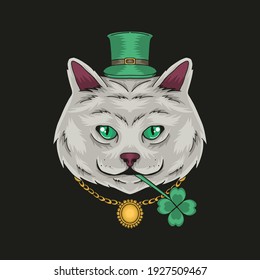 The head of a cat wearing a collar, wearing a hat, and biting a four-clover leaf stem