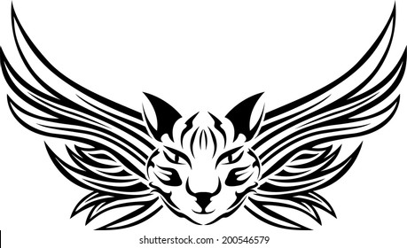 Head Of Cat With Wings, Tattoo Stencil