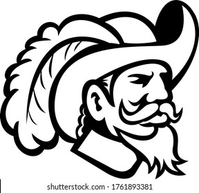 Head of a Cavalier or Musketeer Viewed from Side Mascot Black and White