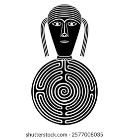 Head of a Celtic deity and a round spiral maze or labyrinth symbol. Creative concept. Ethnic European Iron Age human mask from Gundestrup cauldron. Black and white silhouette.