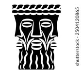 Head of Celtic god Lugh. Pagan trinity. Gaulish Deity Lugus. Three faced bearded man. Ethnic design. Black and white silhouette. 