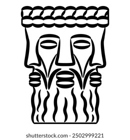 Cabeza del dios celta Lugh. Trinidad pagana. Deidad galo Lugus. Tres hombres con barba. Diseño étnico. Silueta en blanco y negro. 