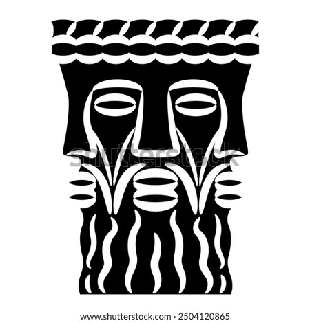 Head of Celtic god Lugh. Pagan trinity. Gaulish Deity Lugus. Three faced bearded man. Ethnic design. Black and white silhouette. 