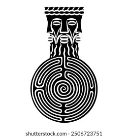 Cabeza del dios celta Lugh y un laberinto de espiral redondo o símbolo de laberinto. Trinidad pagana. Deidad galo Lugus. Tres hombres con barba. Diseño étnico. Silueta en blanco y negro. 