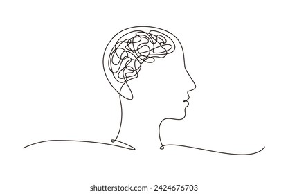 Head with chaos and confusion continuous one line symbol drawing. Mental health concept icon in doodle style. Continuous line vector illustration with editable stroke for medicine poster, infographic