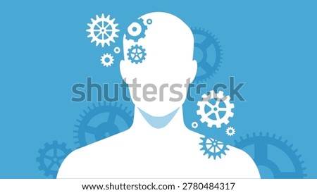 Head with charts and infographic elements. Male silhouette front, abstract portrait, mechanisms and gears around. Engineering mindset and brain process metaphor. Simplicity vector illustration.