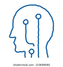 Cabeza Comprobar biohacking vector de icono. Señal de arte de la línea de doodle azul dibujada a mano. ilustración de símbolo aislado
