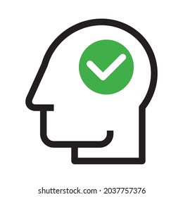 Head with check mark. Concept of thinking man isolated on white background