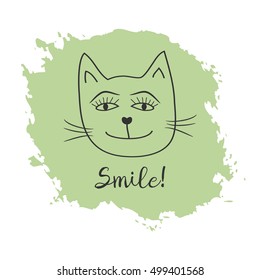 The head of a cheerful cat. Text Smile! Background blot. Grunge, doodle.