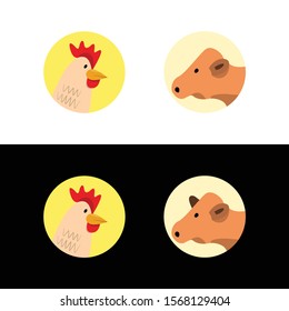 Head Chicken and Cow Flat Icon Vector