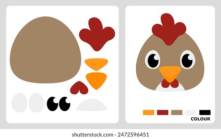 Head chicken pattern for kids crafts or paper crafts. Vector illustration of chicken puzzle. cut and glue patterns for children's crafts.