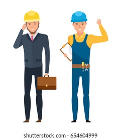 Head and chief engineer for construction in branded and working suits. Vector illustration isolated on white background in cartoon style.