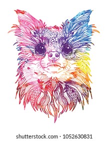 The head of a Chihuahua dog. Drawing by hand in vintage style. Meditative coloring. coloring for children. Arrows, points, patterns. 