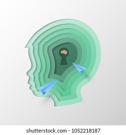 Head of child stack in paper art layer style. Include origami plane fly to the hole key of brain.