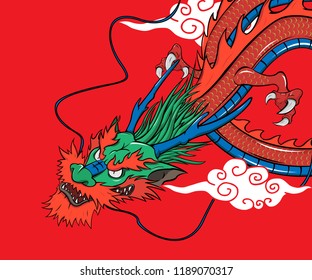 head Chinese dragon cartoon vector on red background
