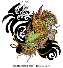 Head of Chinese or East Asian dragon. Tattoo. Vector illustration