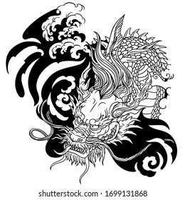 Head of Chinese or East Asian dragon. Tattoo. Black and white vector illustration