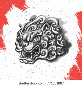 The head of a Chinese lion statue. Drawing in black watercolor and ink. Isolated vector