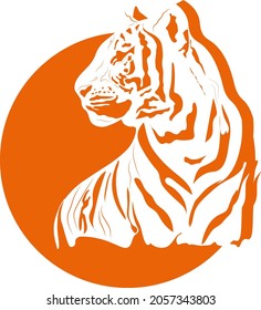 The head of a Chinese tiger on a round orange background. Outline drawing. For use in cards and invitations, calendars, logos, prints and flyers. Vector graphics.