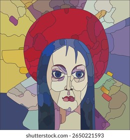 Cabeça de uma santa cristã. Virgem Maria. Design de vitrais. Retrato feminino.