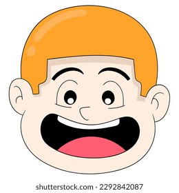 the head of a chubby faced boy emoticon is laughing happily. vector design illustration art