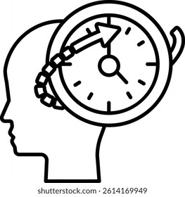 A head with a circle around it with a clock in the middle