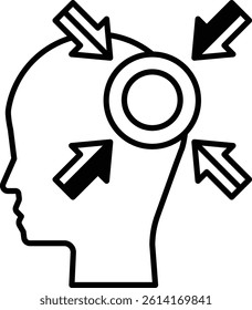 A head with a circle in the middle and arrows pointing to it