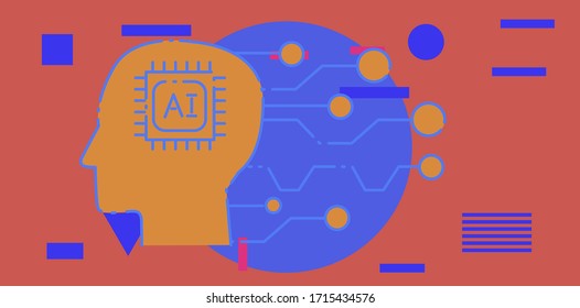 Head with circuit elements.The analytical system, Neural networks and artificial intelligence concept. Simple line art style vector illustration for logotype or cover.