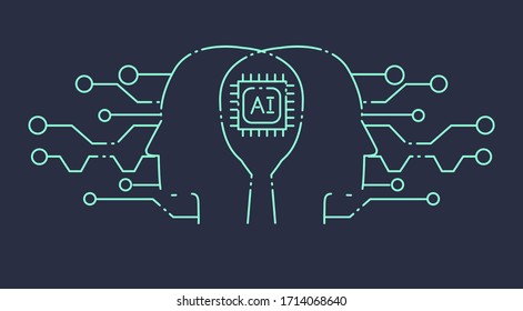 Head with circuit elements on dark background. The analytical system, Neural networks and artificial intelligence concept. Simple line art style vector illustration for logotype or cover. 